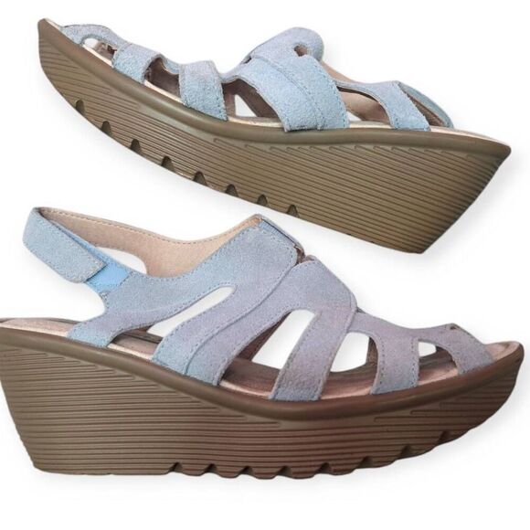 Skechers Women's Suede Peep-Toe Slingback Wedges Parallel Stylin size 6 Light Bl - Picture 4 of 7